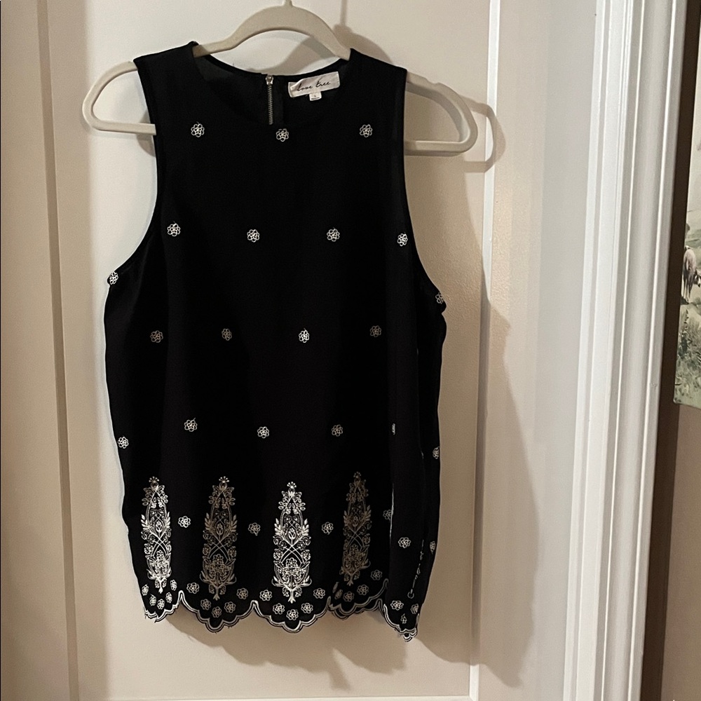 Love Tree Black Embroidered Sleeveless Tank with Silver Accents